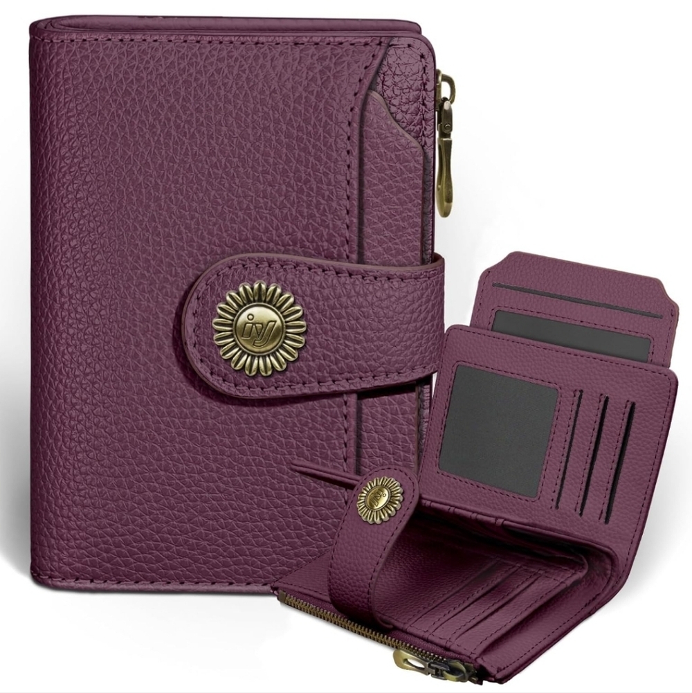 Purple Leather Wallet with Sunflower Button